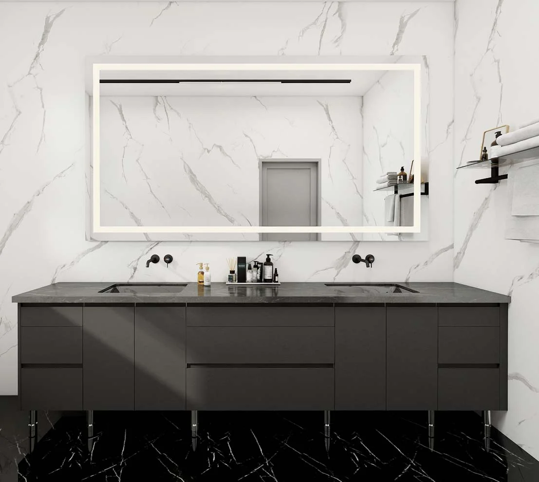 Sophisticated Gray Modern Bathroom Cabinets with Marble Detail