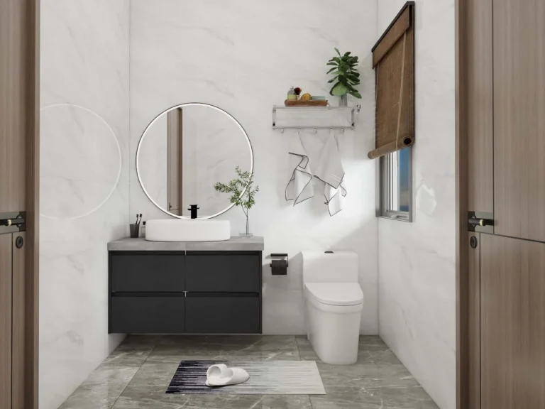 Sophisticated Gray Modern Bathroom Cabinets with Marble Detail