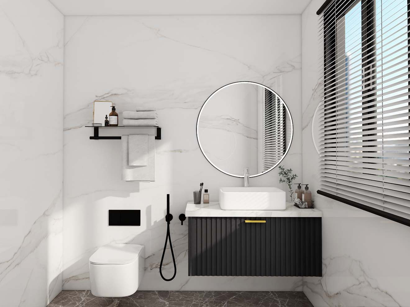 Sophisticated Gray Modern Bathroom Cabinets with Marble Detail