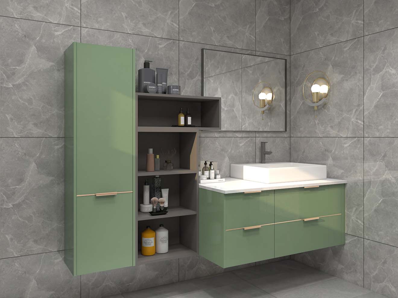 Stylish Sage Green Modern Bathroom Cabinets with Open Shelves 2 Stylish Sage Green Modern Bathroom Cabinets with Open Shelves