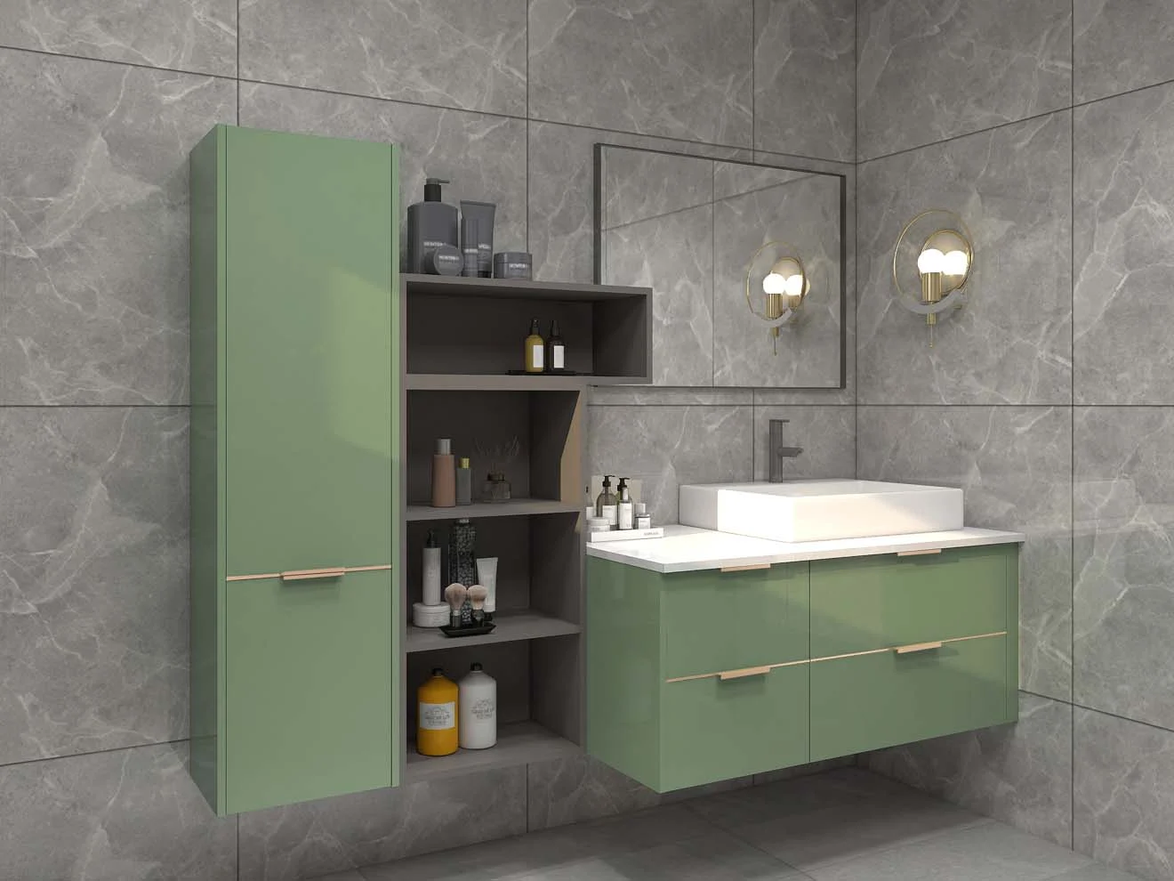 خزائن حمام حديثة أنيقة باللون الأخضر المريمية مع أرفف مفتوحة