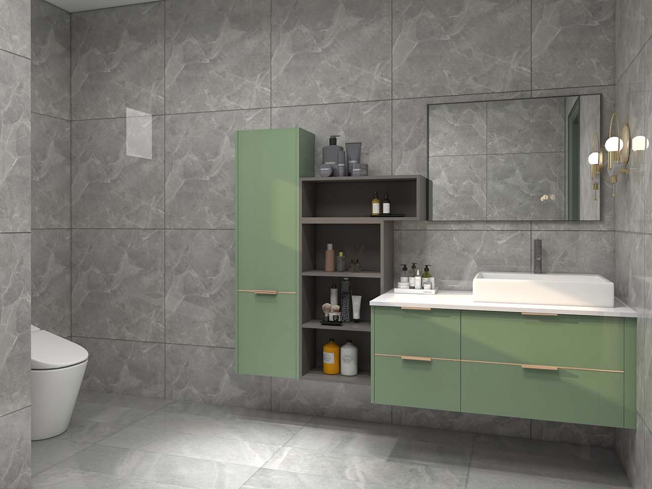 Stylish Sage Green Modern Bathroom Cabinets with Open Shelves