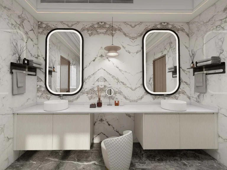 Luxurious Double Bathroom Sink Cabinets with Marble Accents