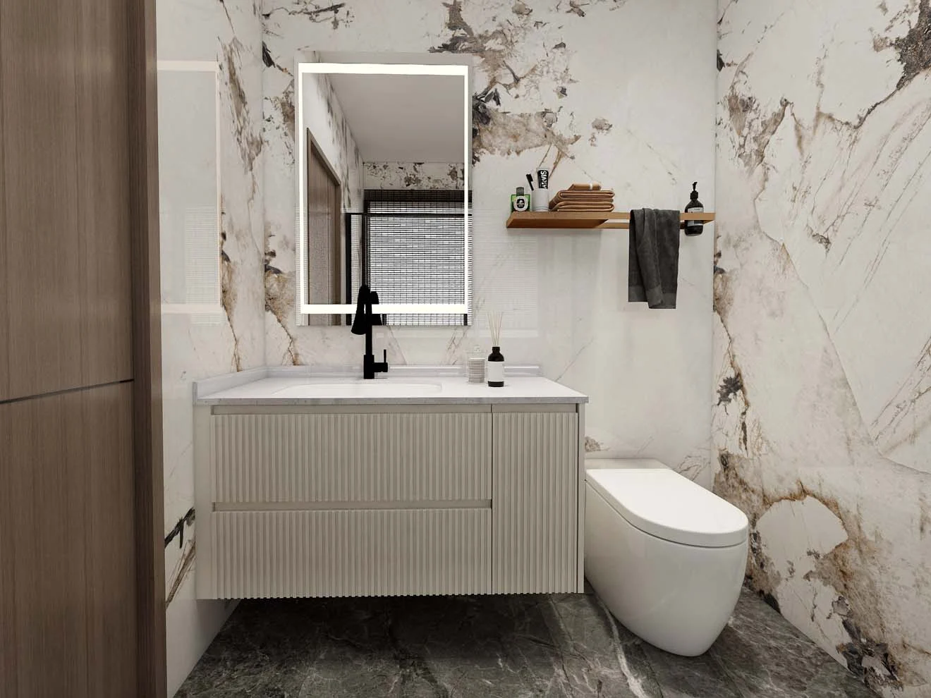 Luxurious Double Bathroom Sink Cabinets with Marble Accents
