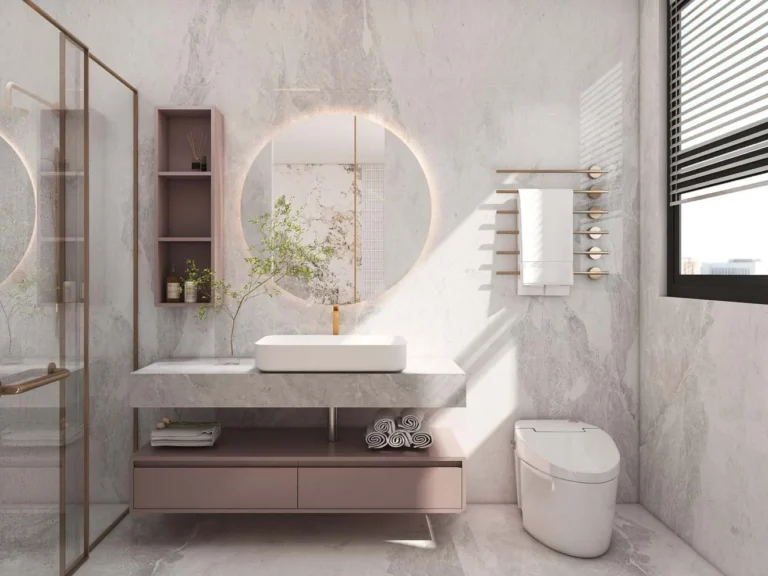 Modern Blush Bathroom Floating Cabinets in Textured Decor
