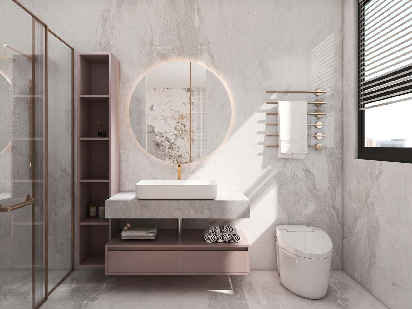 Modern Blush Bathroom Floating Cabinets in Textured Decor