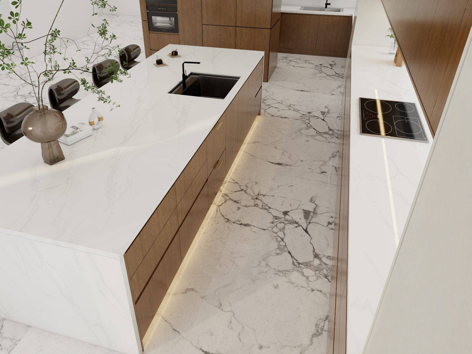 Luxurious Kitchen Island with Marble and Walnut Cabinets