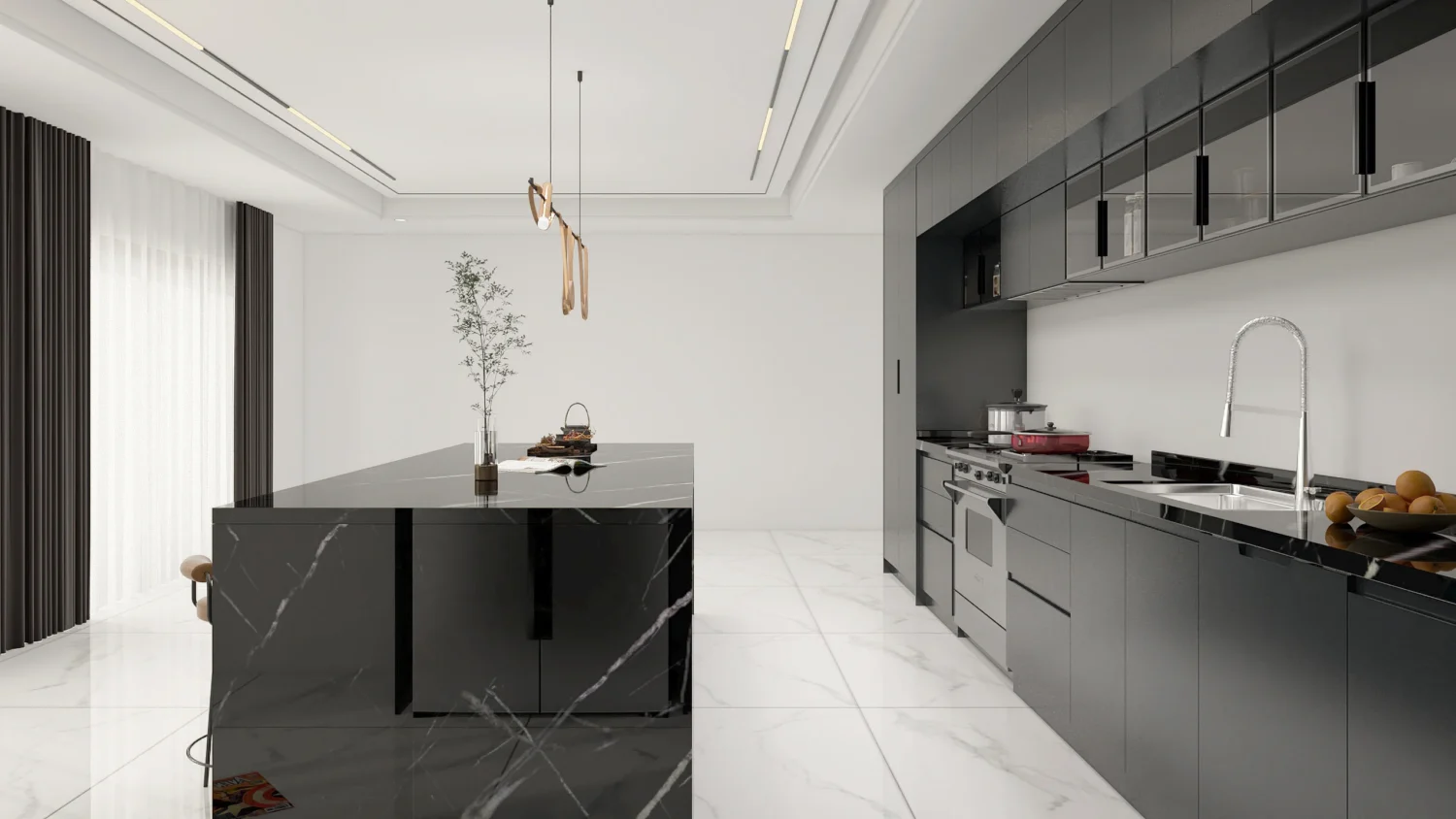 Cocina minimalista en forma de L con gabinetes negros
