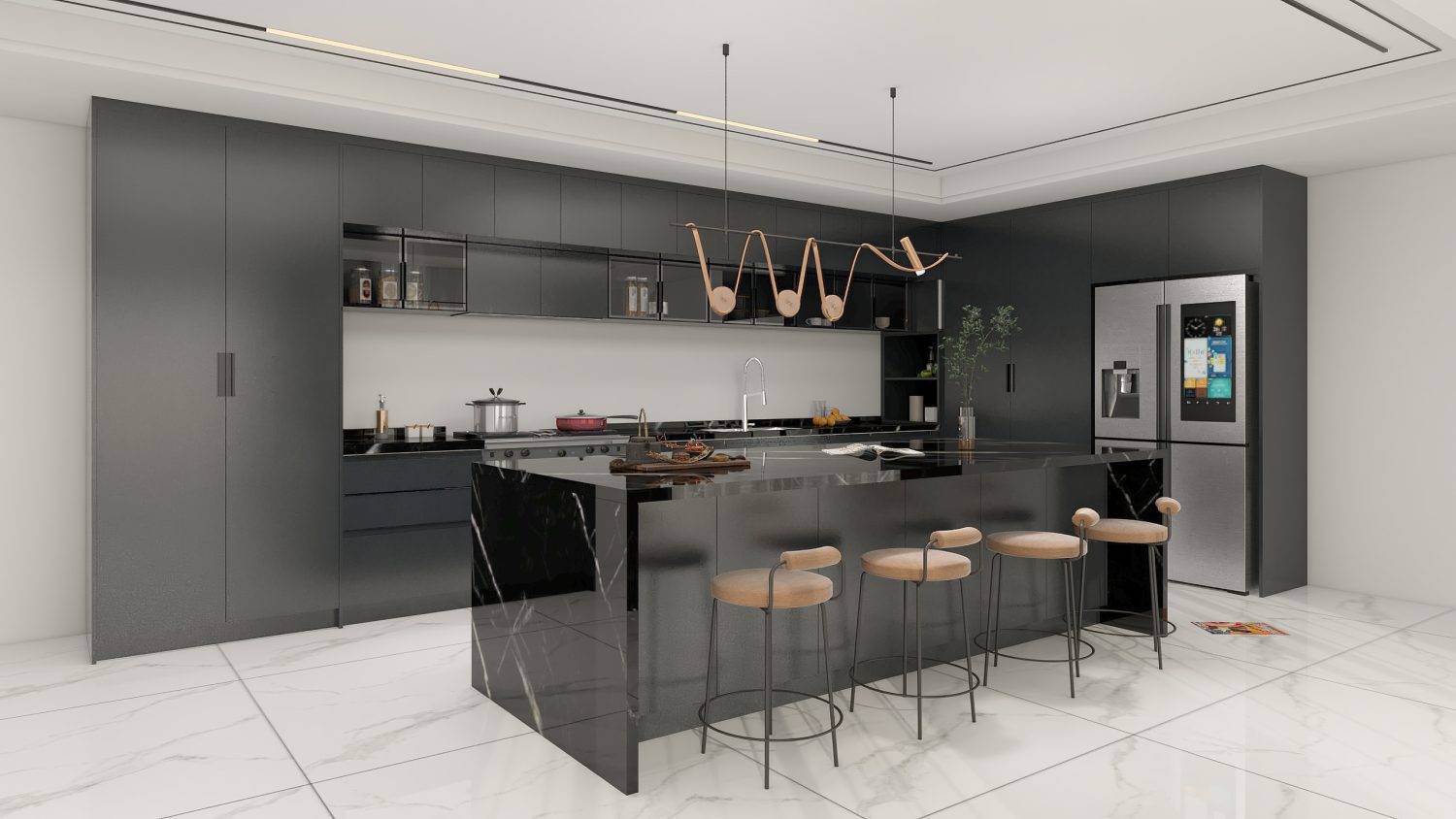 Modern Black L-Shaped Kitchen with Island