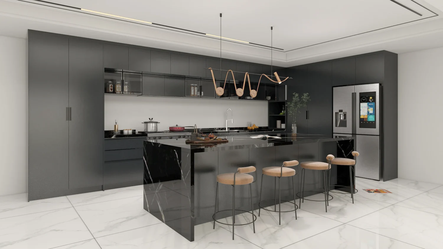 Cocina moderna en forma de L negra con isla