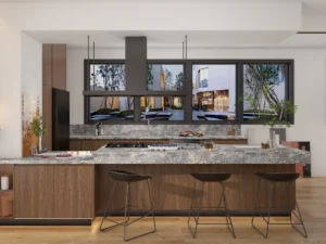 Modern L-Shaped Kitchen with Walnut Finish Cabinets