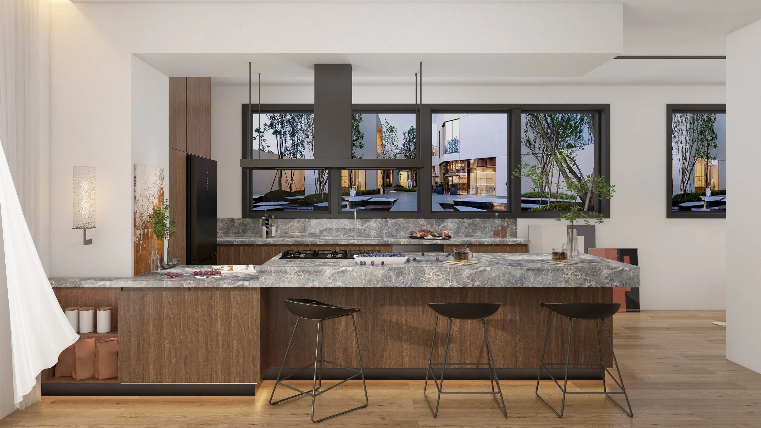Modern L-Shaped Kitchen Cabinet with Walnut Finish 1 Modern L-Shaped Kitchen with Walnut Finish Cabinets