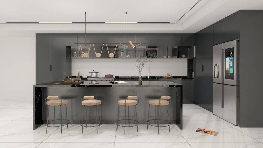 Modern Sleek L-Shaped Black Kitchen Cabinets