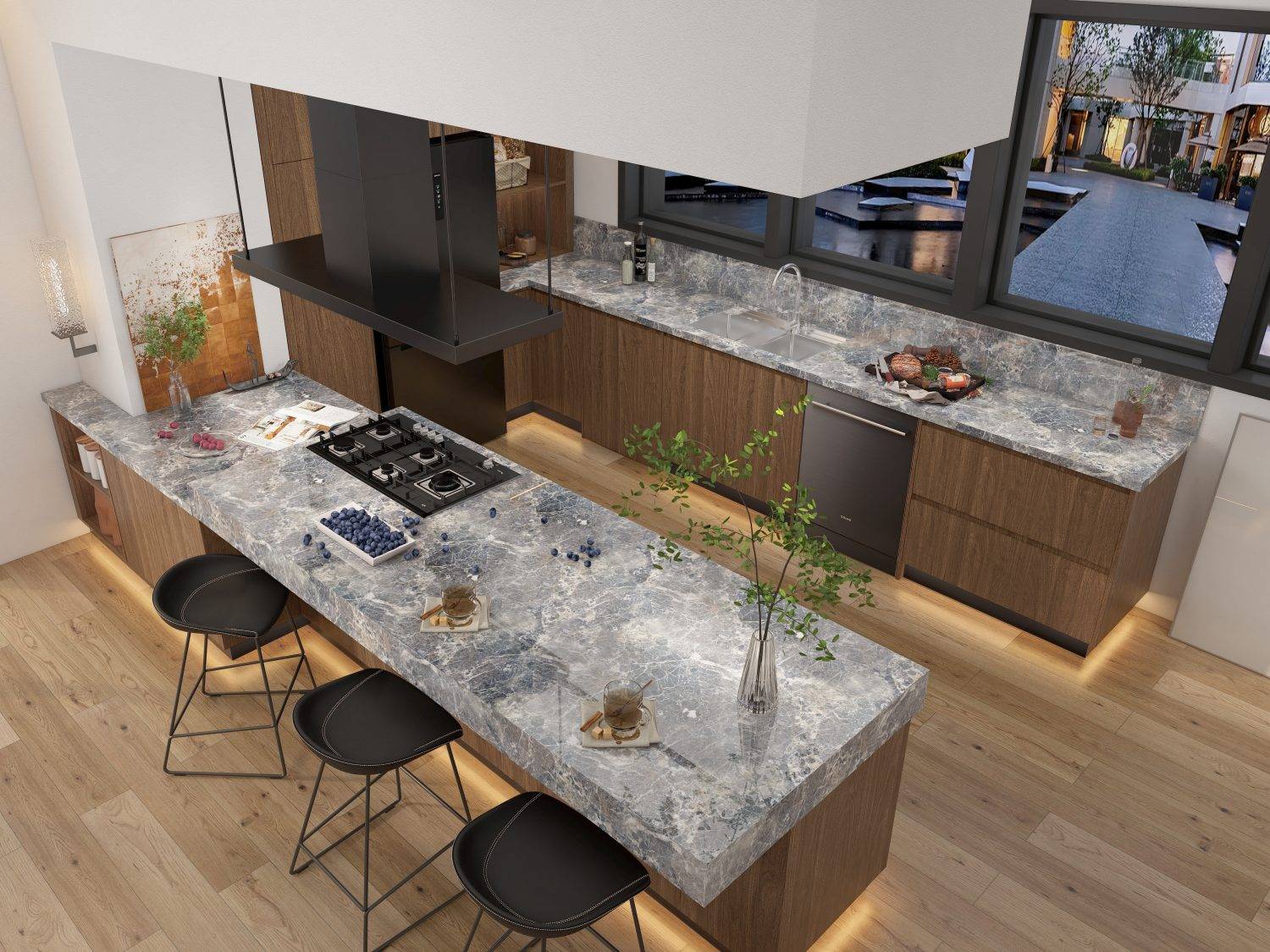 Overhead View of Luxurious Kitchen Island with Marble and Walnut Cabinets
