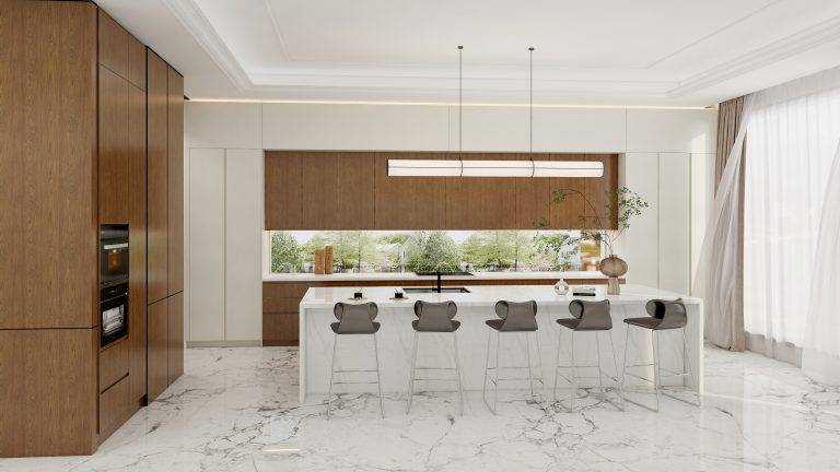 Walnut-Finish Cabinets with High Gloss Island in Modern Kitchen