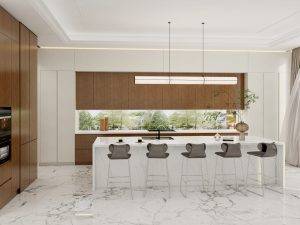 Walnut-Finish Cabinets with High Gloss Island in Modern Kitchen