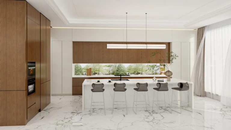 Walnut-Finish Cabinets with High Gloss Island in Modern Kitchen