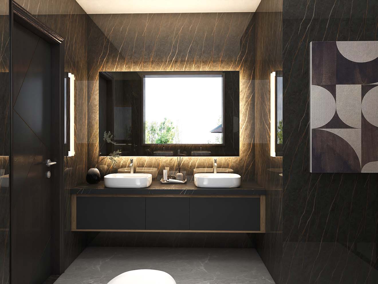 Luxurious Modern Bathroom Cabinets with Dramatic Marble Accents