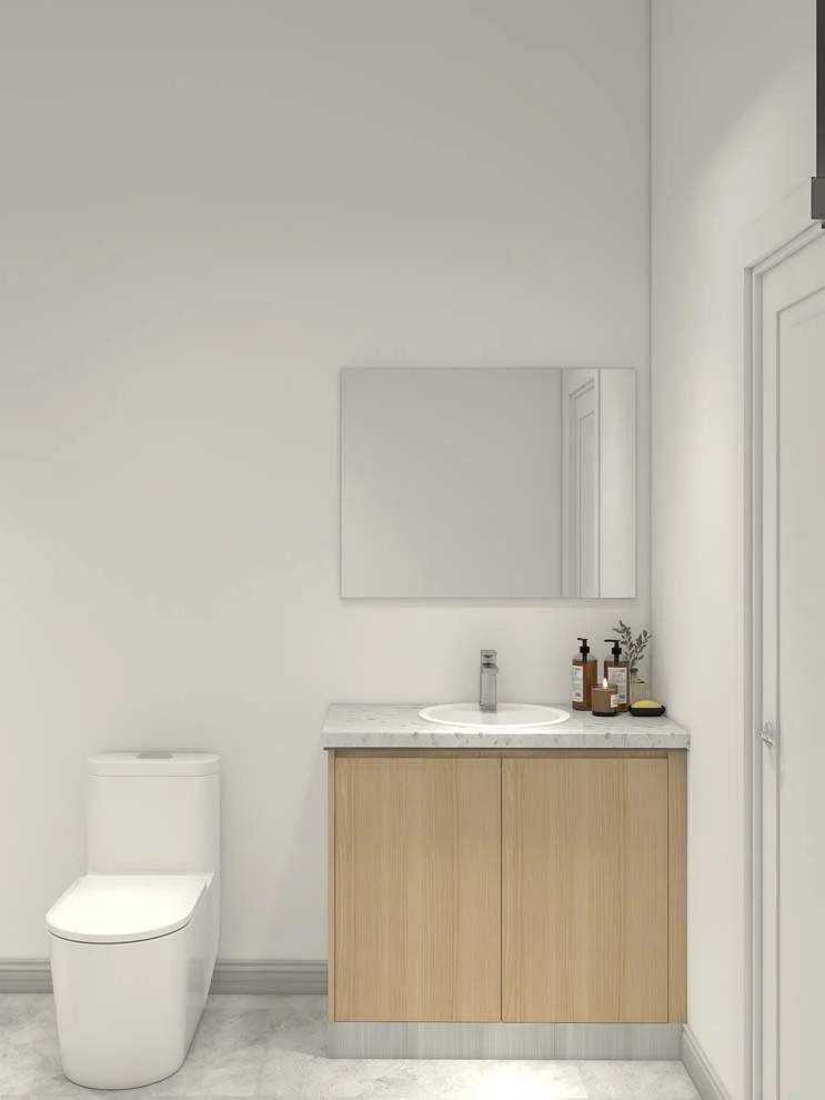 Gabinetes de baño elegantes con chapa de madera y ambiente de mármol