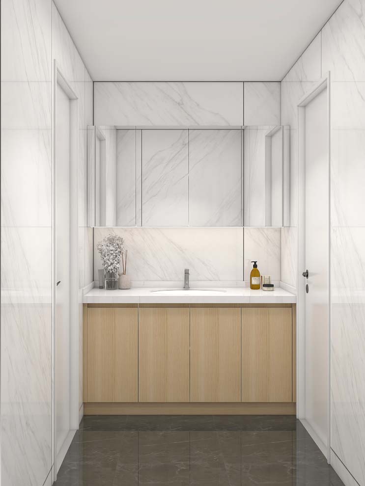 Chic Wood Veneer Bathroom Cabinets in Marble Setting