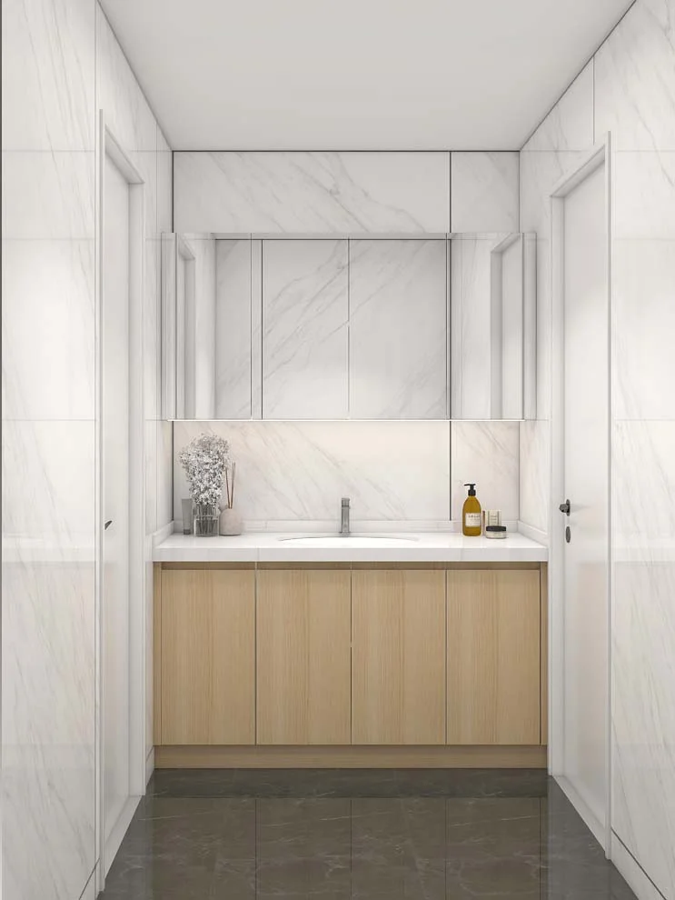 Gabinetes de baño elegantes con chapa de madera y ambiente de mármol