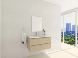 Chic Wood Veneer Bathroom Cabinets in Marble Setting