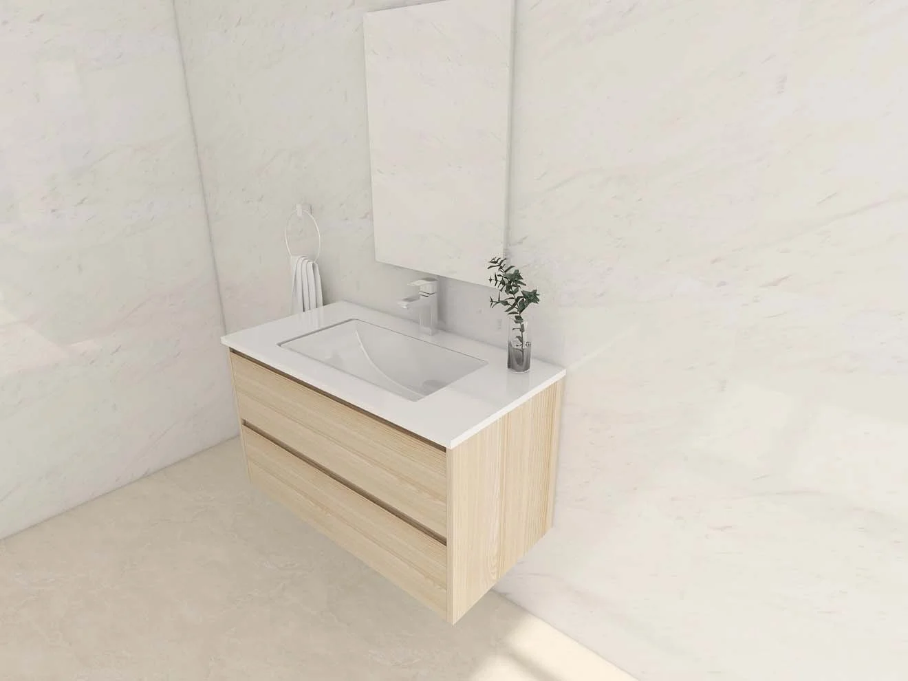 Lemari Kamar Mandi Veneer Kayu yang Cantik dalam Pengaturan Marmer