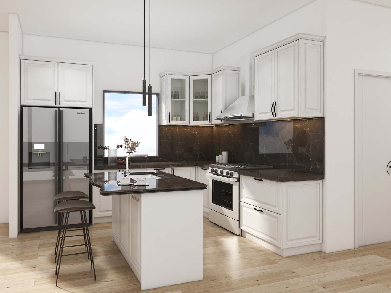 Classic White Kitchen Shaker Cabinets with Dark Accents