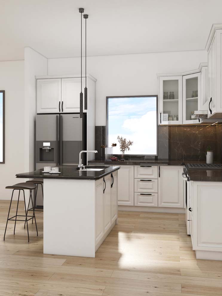 Classic White Kitchen Shaker Cabinets with Dark Accents