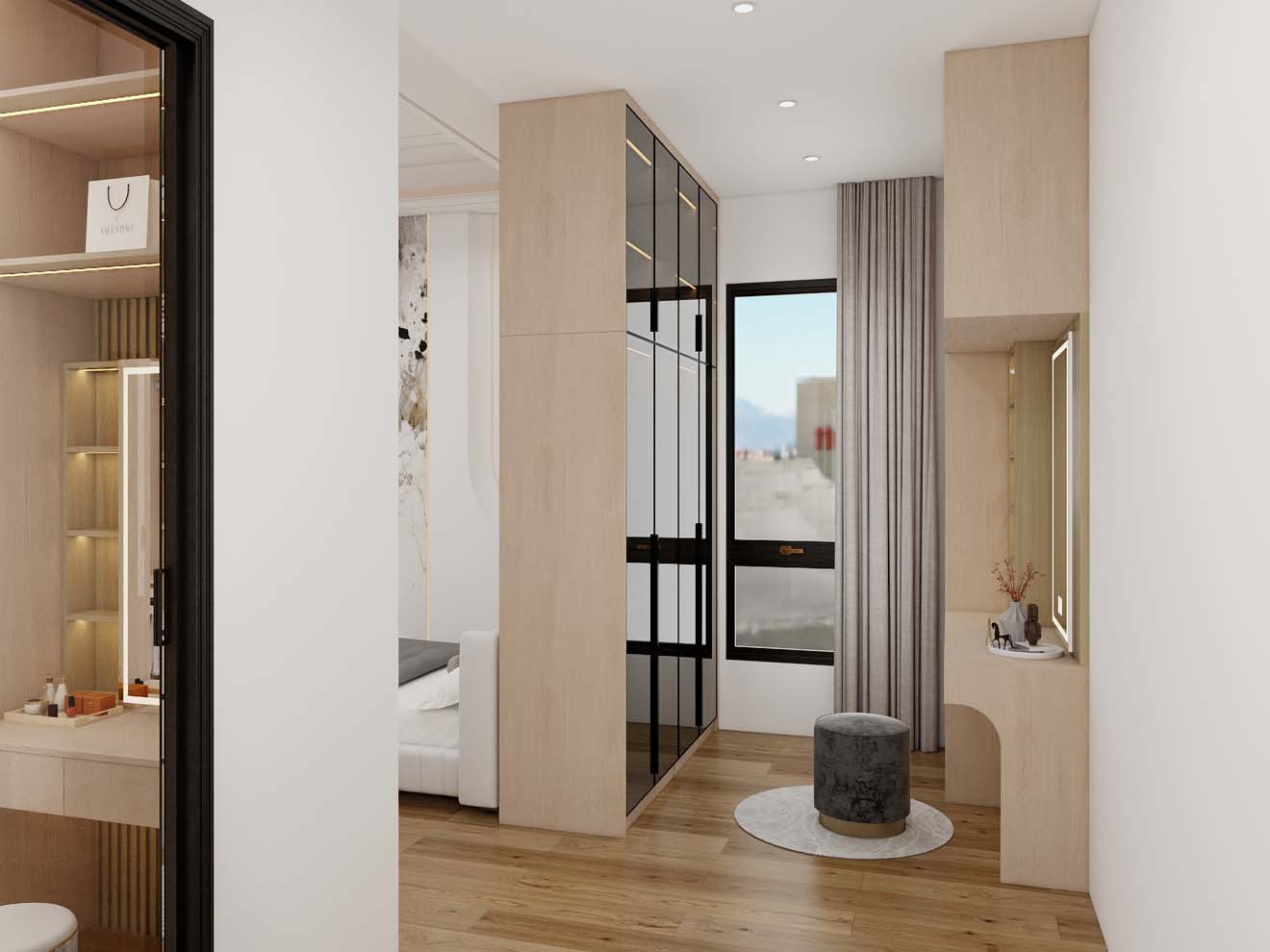 Elegant Closet Room Divider with Sleek Black Glass Doors