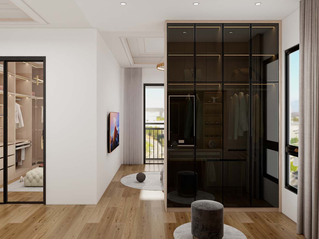 Elegant Closet Room Divider with Sleek Black Glass Doors