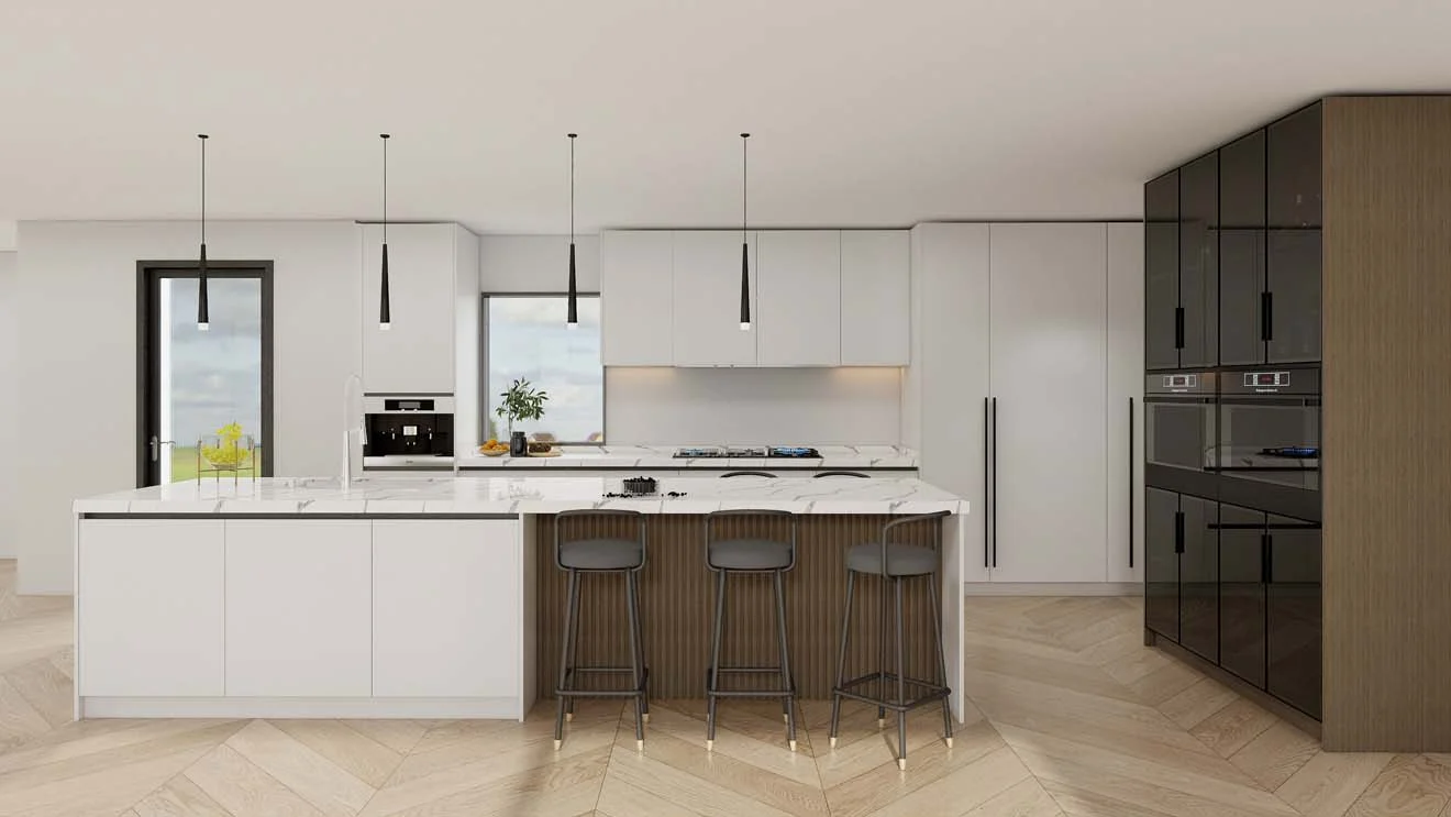 Ideas elegantes de gabinetes de cocina blancos con detalles en mármol