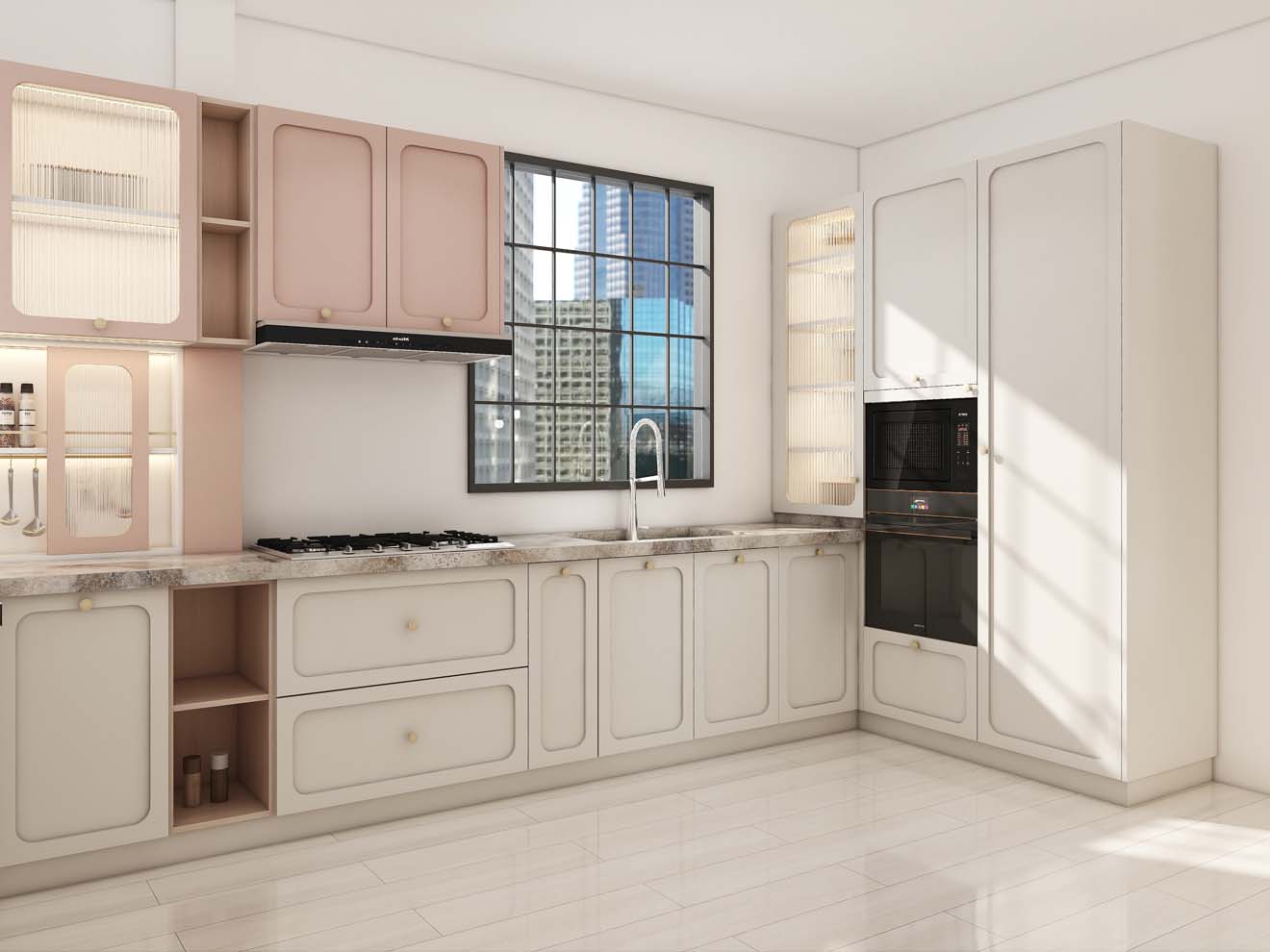 Elegant White Shaker Kitchen Cabinets with Soft Pink Accents