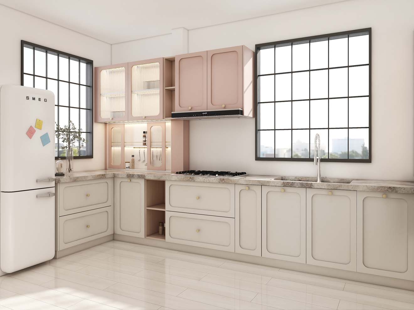 Elegant White Shaker Kitchen Cabinets with Soft Pink Accents