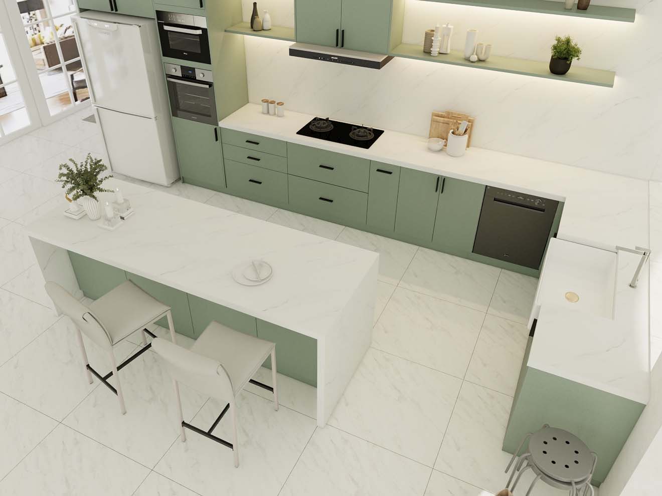 This bright and modern kitchen features sage green kitchen cabinets that create a calming atmosphere, paired with sleek white countertops and open shelving for a fresh and contemporary look.