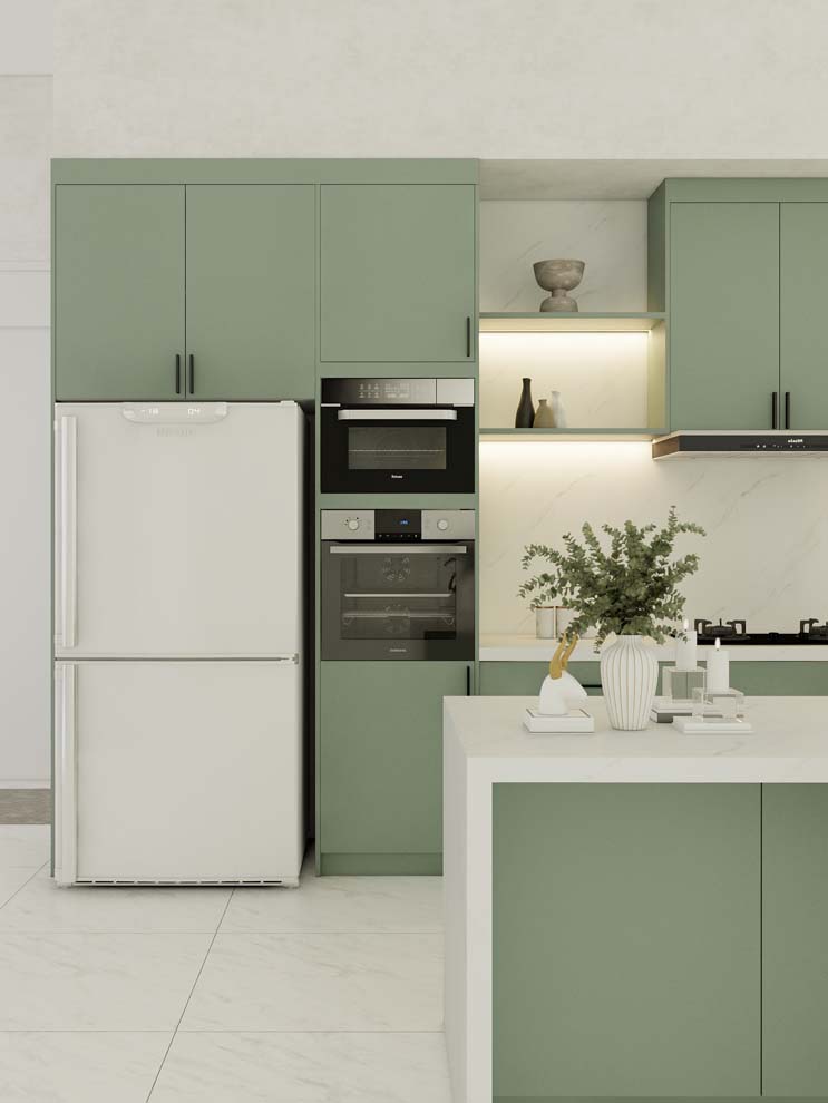 This bright and modern kitchen features sage green kitchen cabinets that create a calming atmosphere, paired with sleek white countertops and open shelving for a fresh and contemporary look.