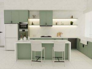 This bright and modern kitchen features sage green kitchen cabinets that create a calming atmosphere, paired with sleek white countertops and open shelving for a fresh and contemporary look.