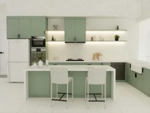 Exploring Kitchen Cabinet Design Trends in Malaysia 9 This bright and modern kitchen features sage green kitchen cabinets that create a calming atmosphere, paired with sleek white countertops and open shelving for a fresh and contemporary look.