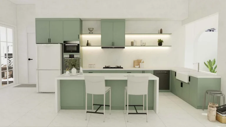 This bright and modern kitchen features sage green kitchen cabinets that create a calming atmosphere, paired with sleek white countertops and open shelving for a fresh and contemporary look.