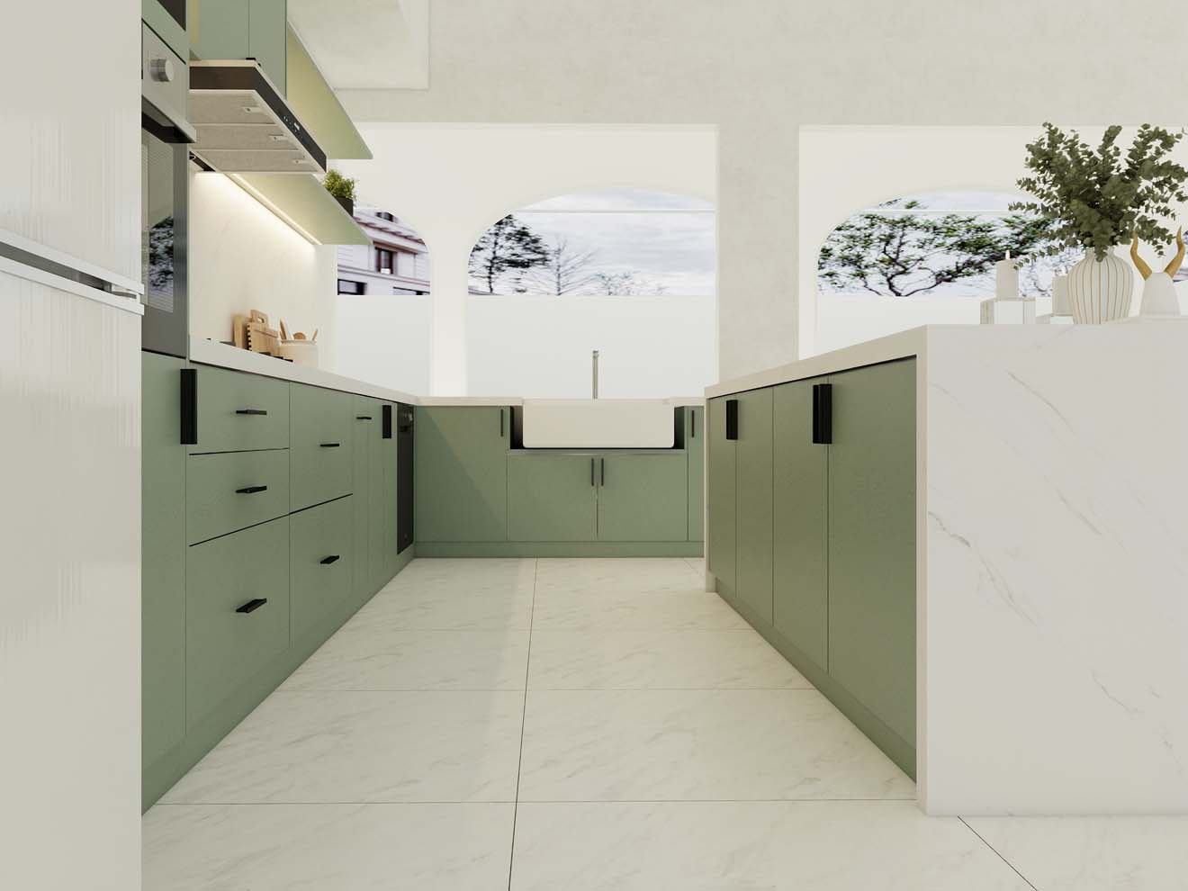 This bright and modern kitchen features sage green kitchen cabinets that create a calming atmosphere, paired with sleek white countertops and open shelving for a fresh and contemporary look.