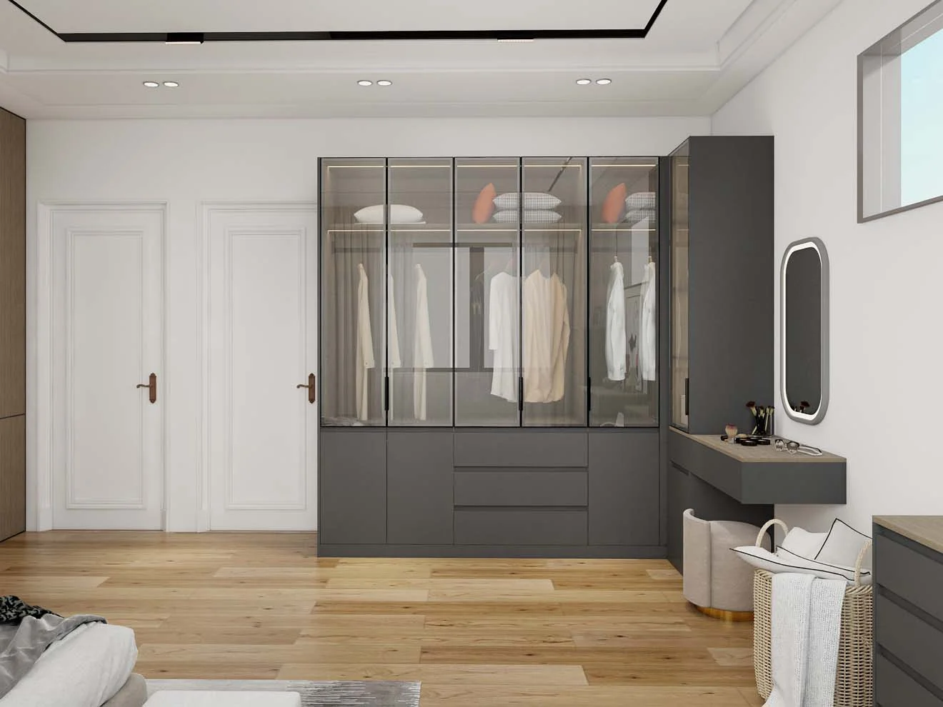 Armário preto moderno e luxuoso com portas frontais de vidro