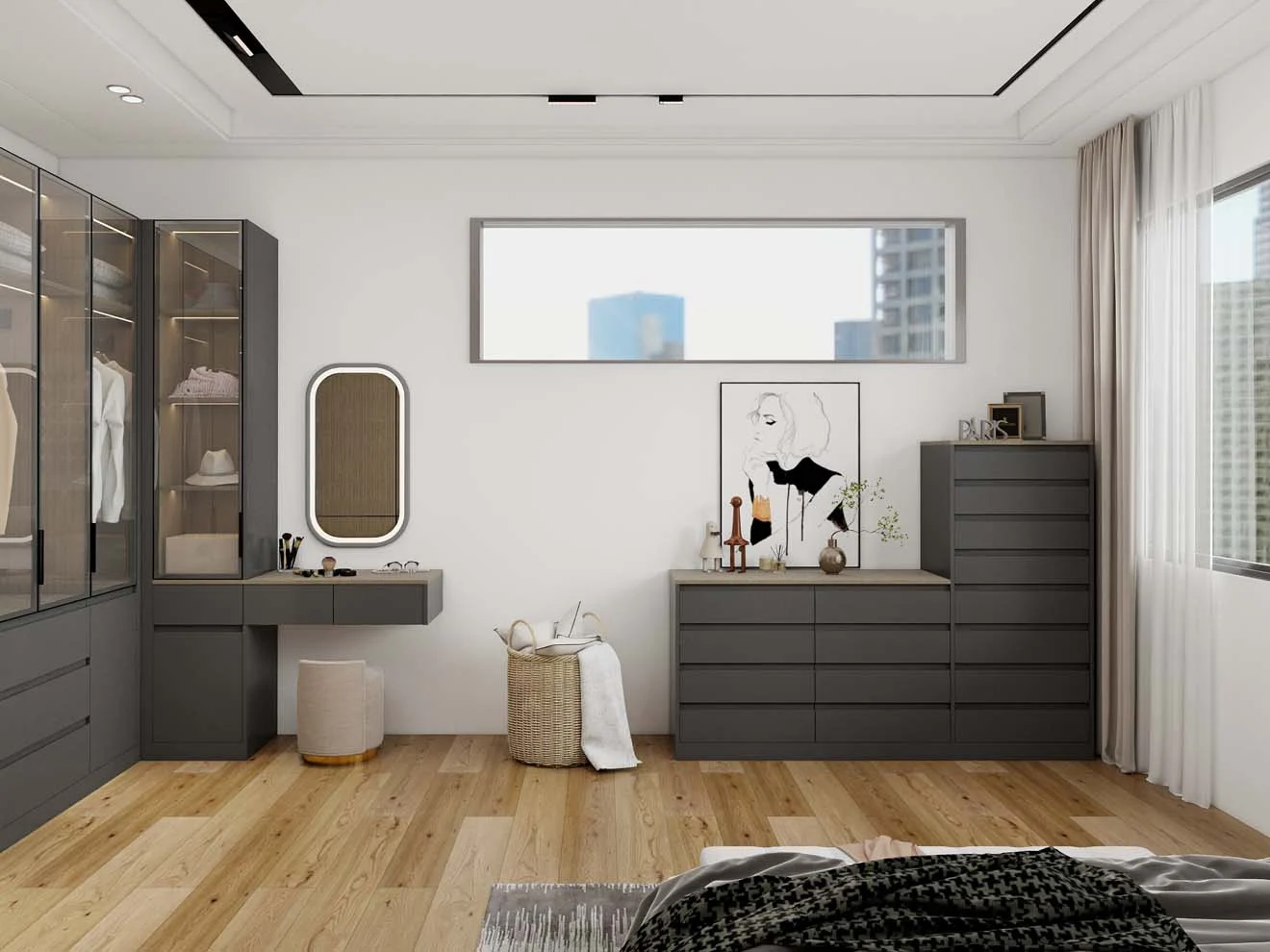 Armário preto moderno e luxuoso com portas frontais de vidro