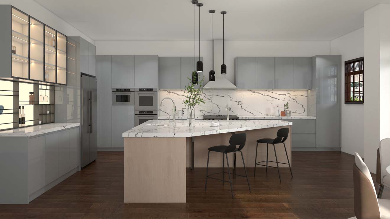 Sleek Blue Grey Kitchen Cabinets with Marble Accents