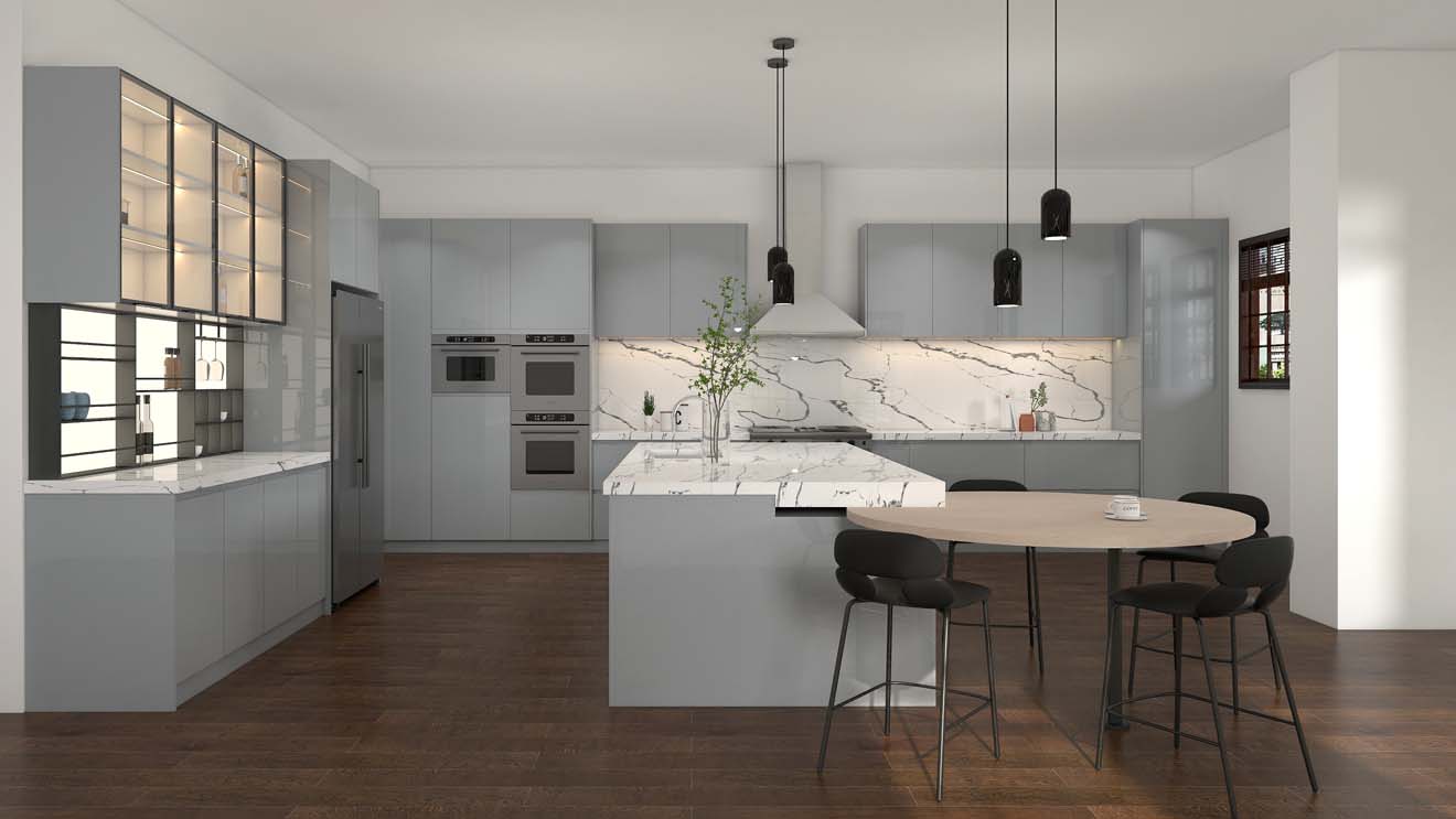 Sleek Blue Grey Kitchen Cabinets with Marble Accents