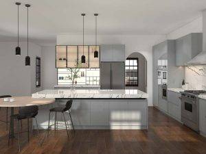 Sleek Blue Grey Kitchen Cabinets with Marble Accents