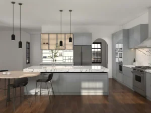 Sleek Blue Grey Kitchen Cabinets with Marble Accents