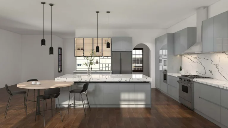 Sleek Blue Grey Kitchen Cabinets with Marble Accents