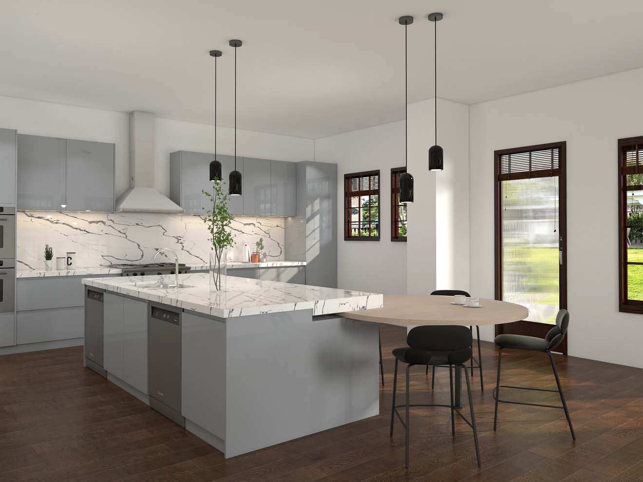 Sleek Blue Grey Kitchen Cabinets with Marble Accents