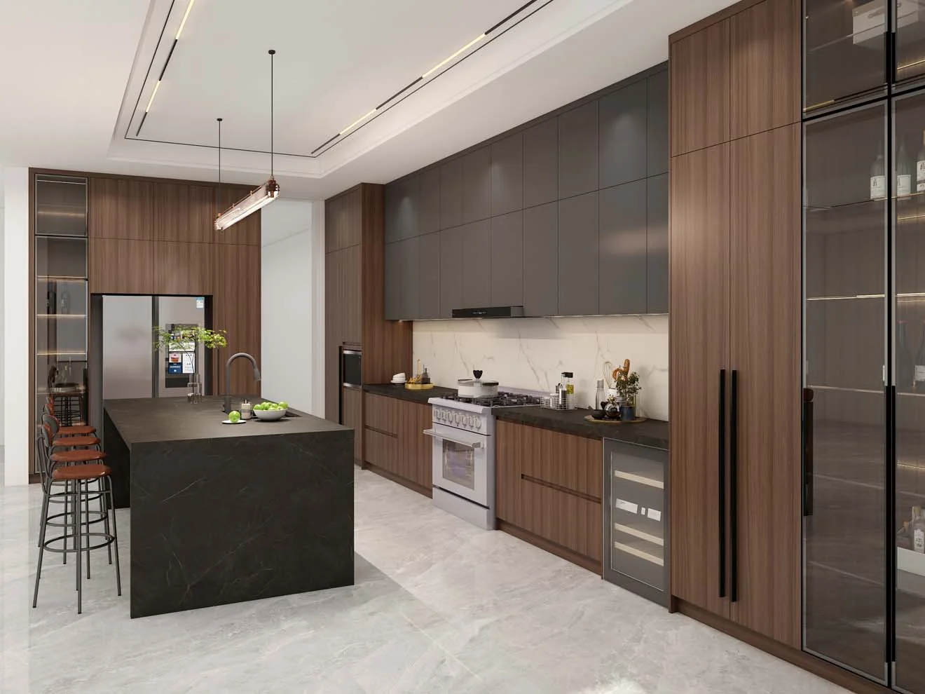 Los elegantes gabinetes de cocina oscuros definen la elegancia moderna