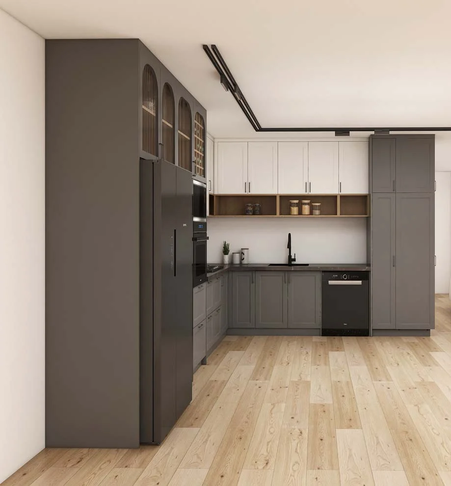Puertas de gabinete estilo shaker atemporales en una cocina moderna de dos tonos